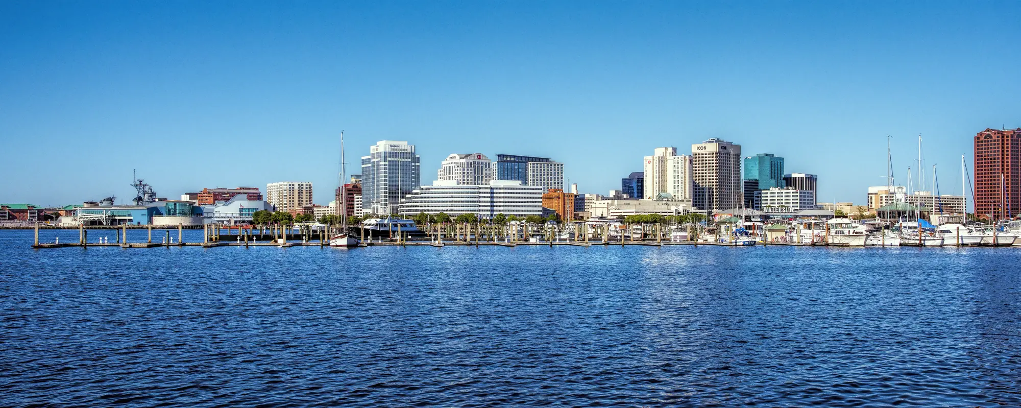 The downtown Norfolk waterfront on the Elizabeth River, where Town Point Park hosts Bayou Bon Vivant.