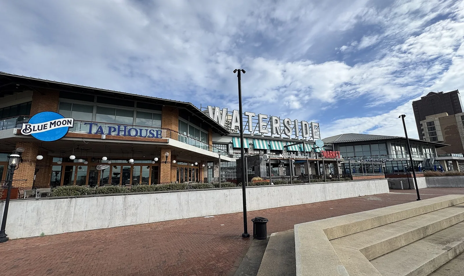 The front of the Waterside District on the downtown Norfolk waterfront, home of the Miracle on Waterside Drive holiday pop-up.