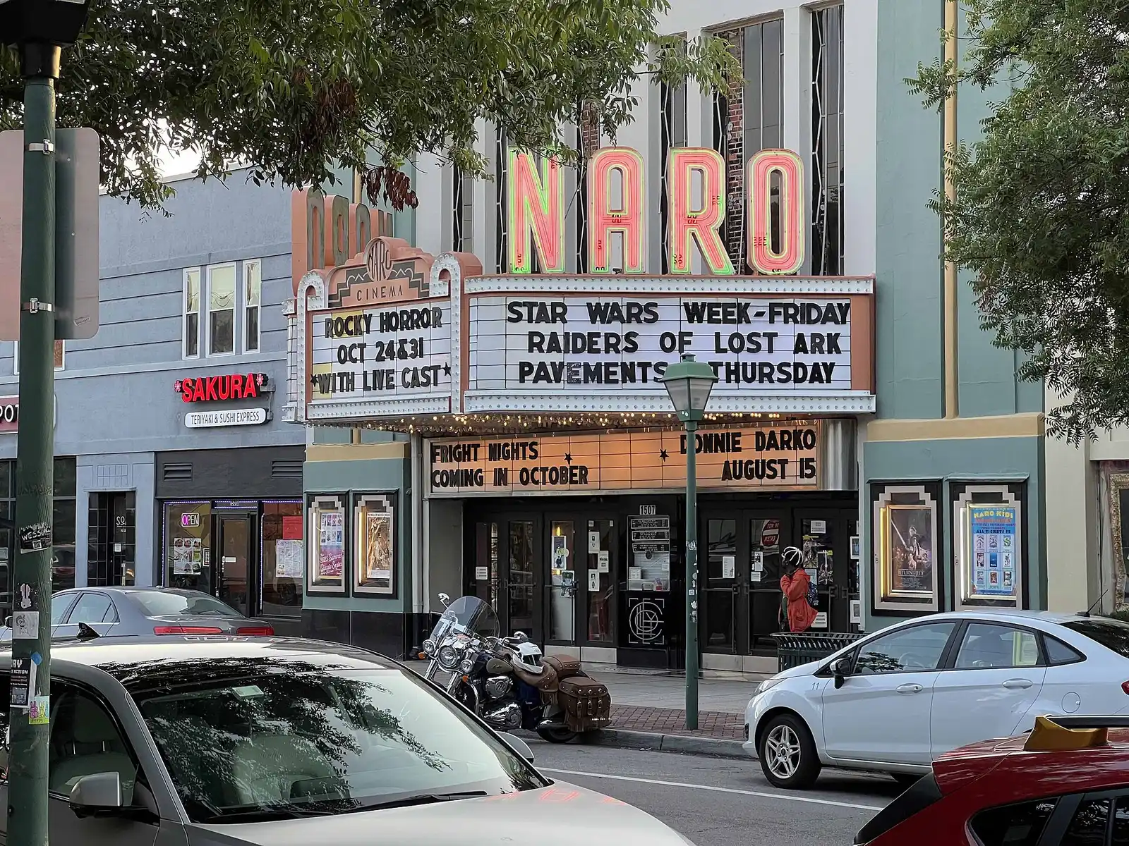 The neon marquee of the Naro Expanded Cinema on Colley Avenue in Norfolk's Ghent neighborhood.