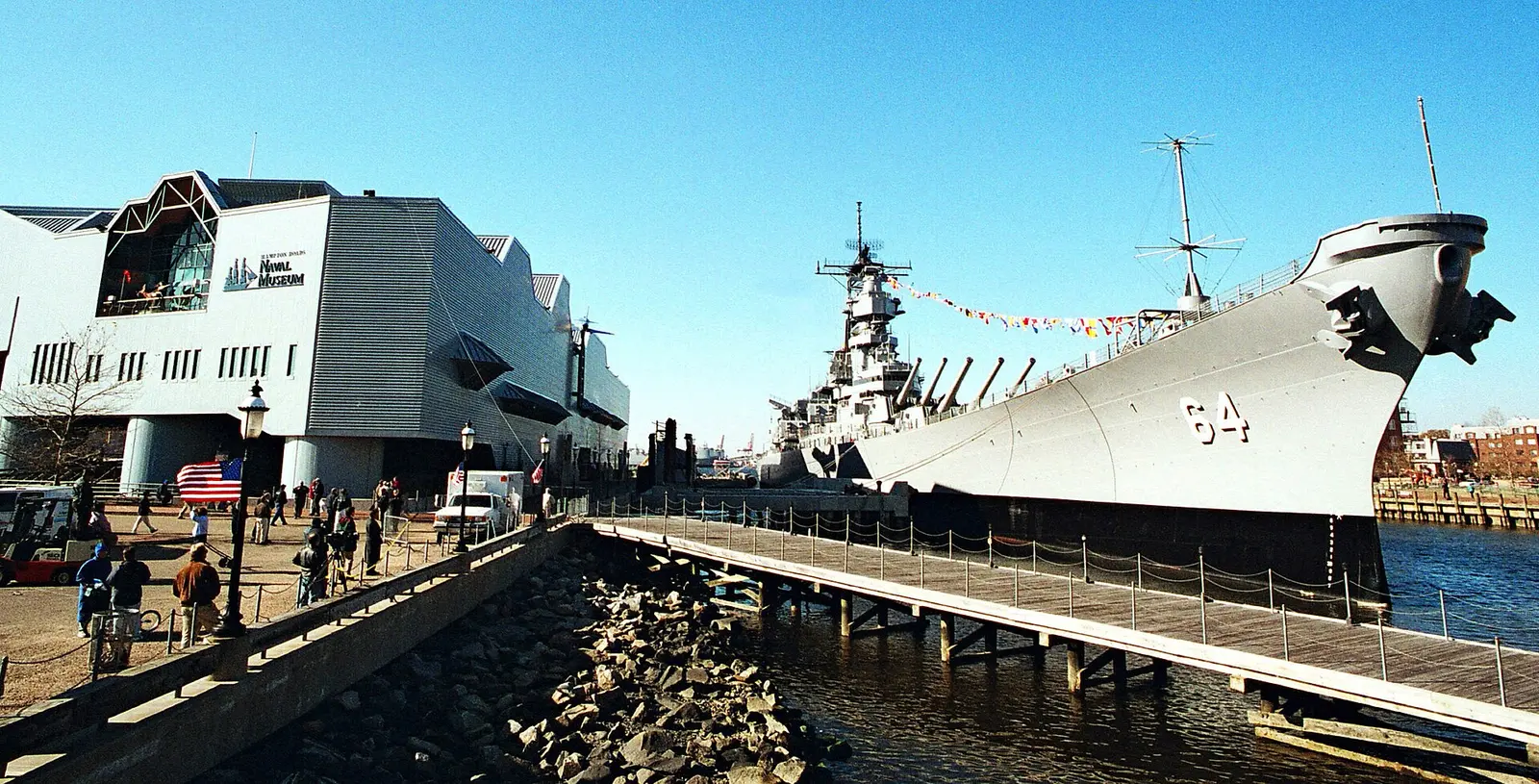 The battleship USS Wisconsin moored beside Nauticus on the Elizabeth River in downtown Norfolk.