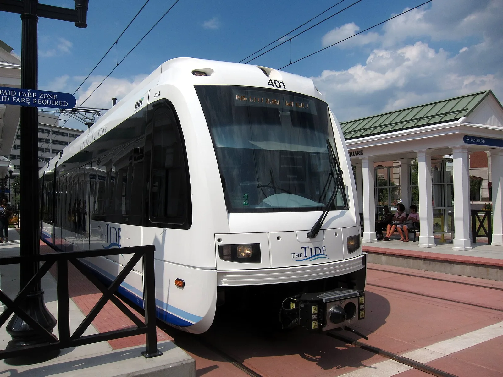 A Tide light rail train at MacArthur Square Station in downtown Norfolk.