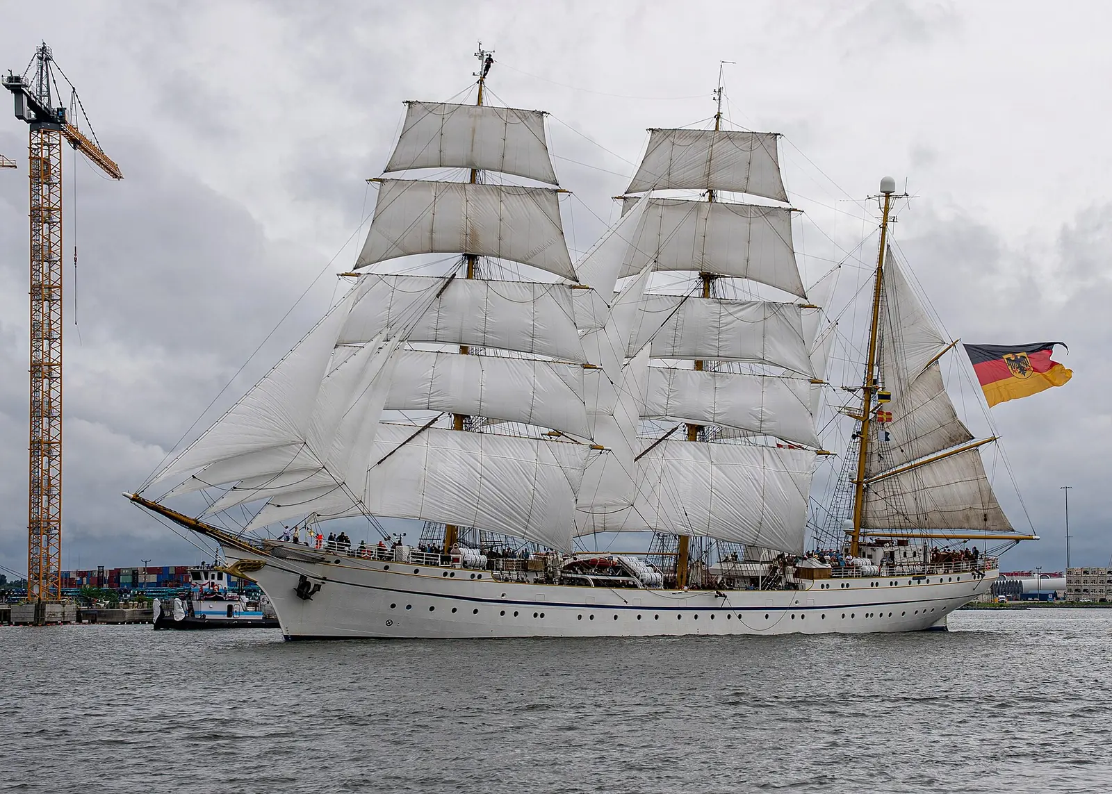 The German Navy sail training ship Gorch Fock under way on the Elizabeth River during the Norfolk Harborfest Parade of Sail.