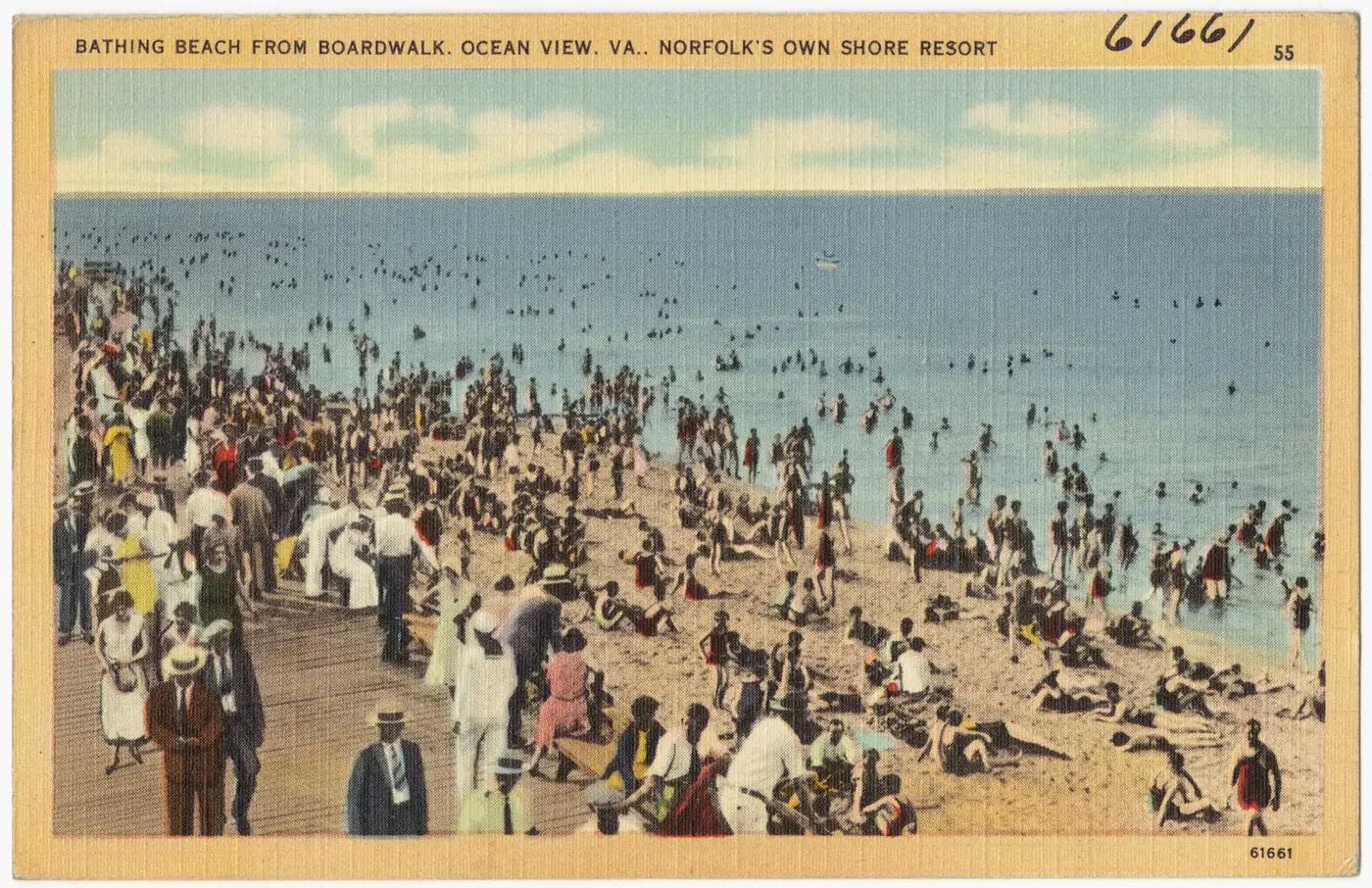A vintage postcard of the bathing beach seen from the boardwalk at Ocean View, the Norfolk shore where the city's Labor Day fireworks are held.