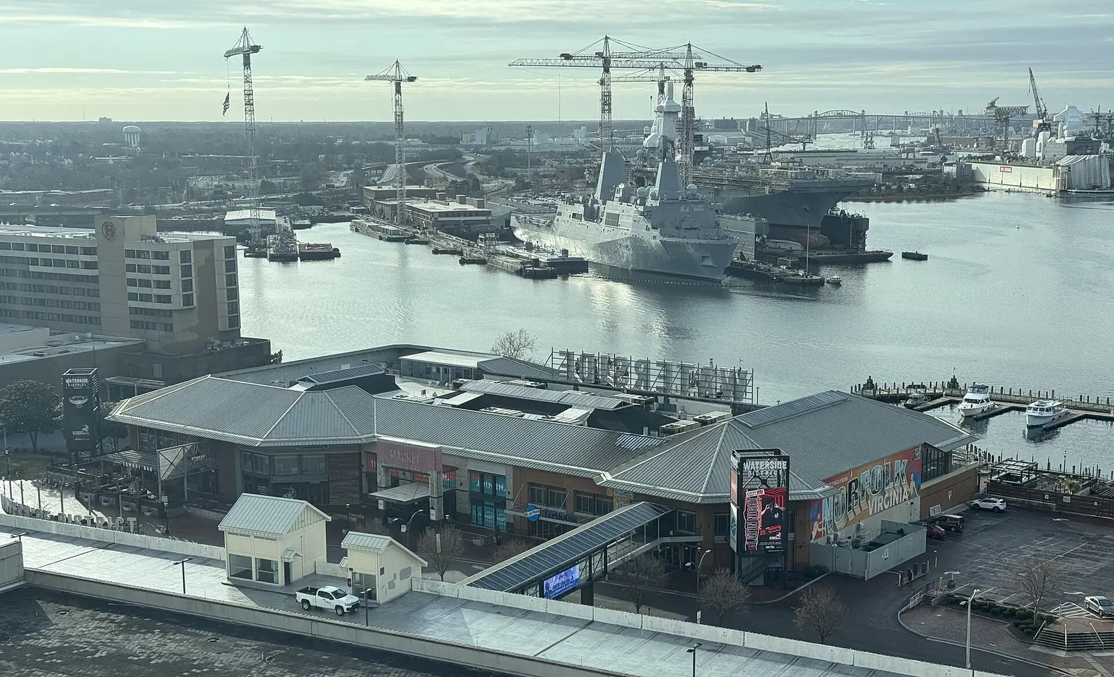 The Waterside District on the Elizabeth River in downtown Norfolk, where NYE Live is held on New Year's Eve.
