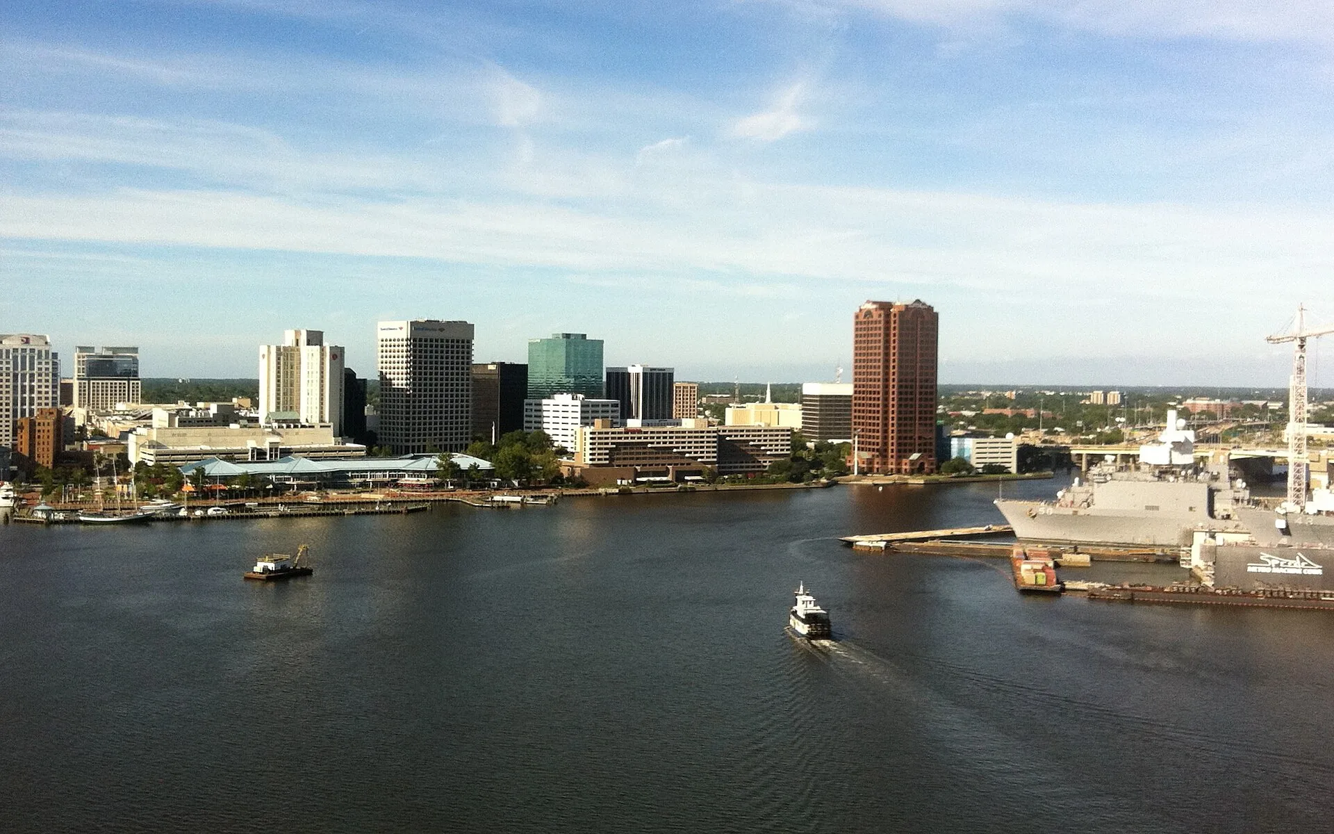 The downtown Norfolk skyline across the Elizabeth River.
