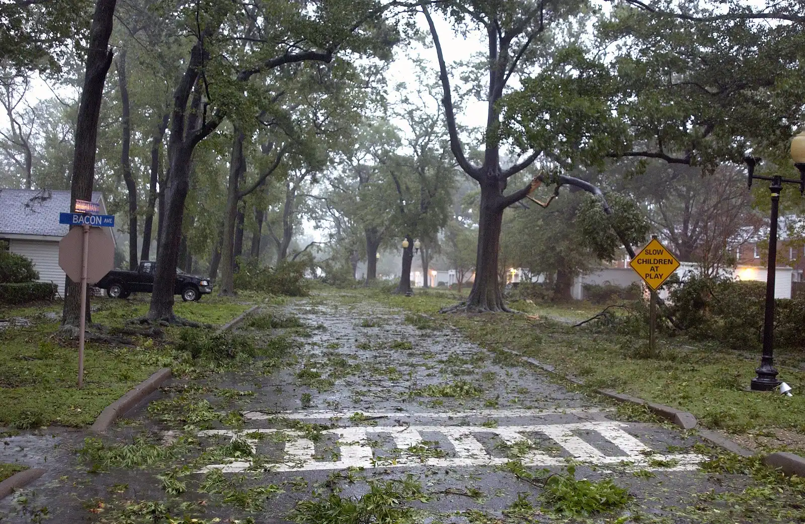 Broken limbs and leaves litter a tree-lined street at Naval Station Norfolk after Hurricane Isabel's winds.