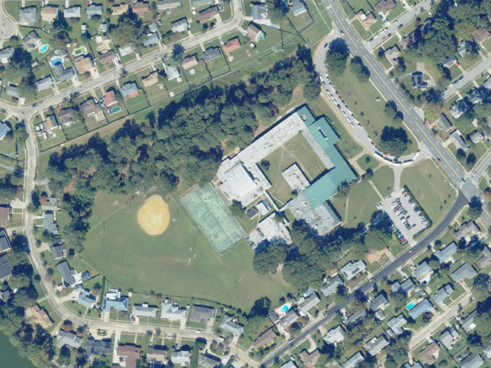 Azalea Gardens Middle School and its grounds, center, from the air in October 2023.