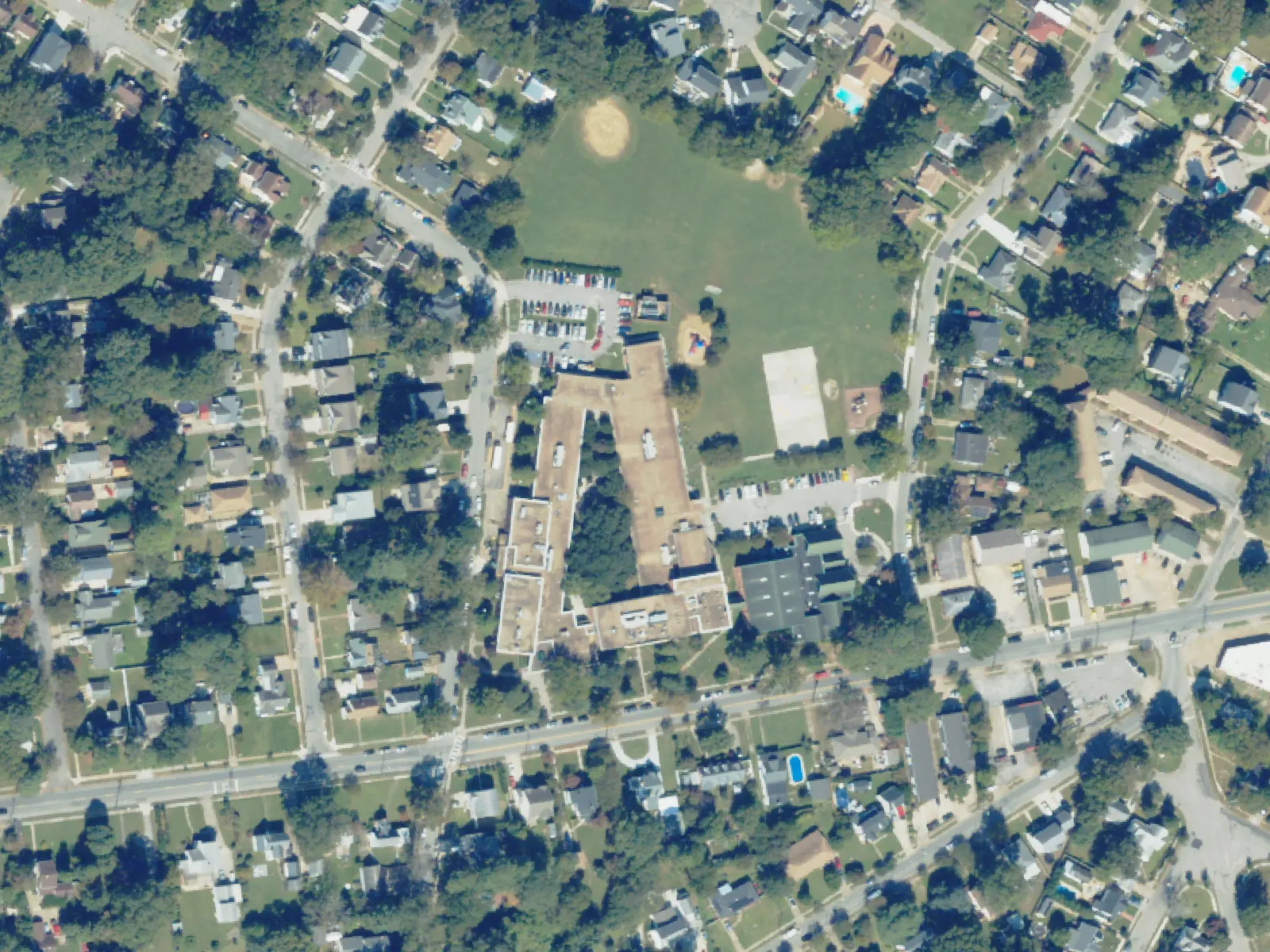Bay View Elementary School and its grounds, center, from the air in October 2023.