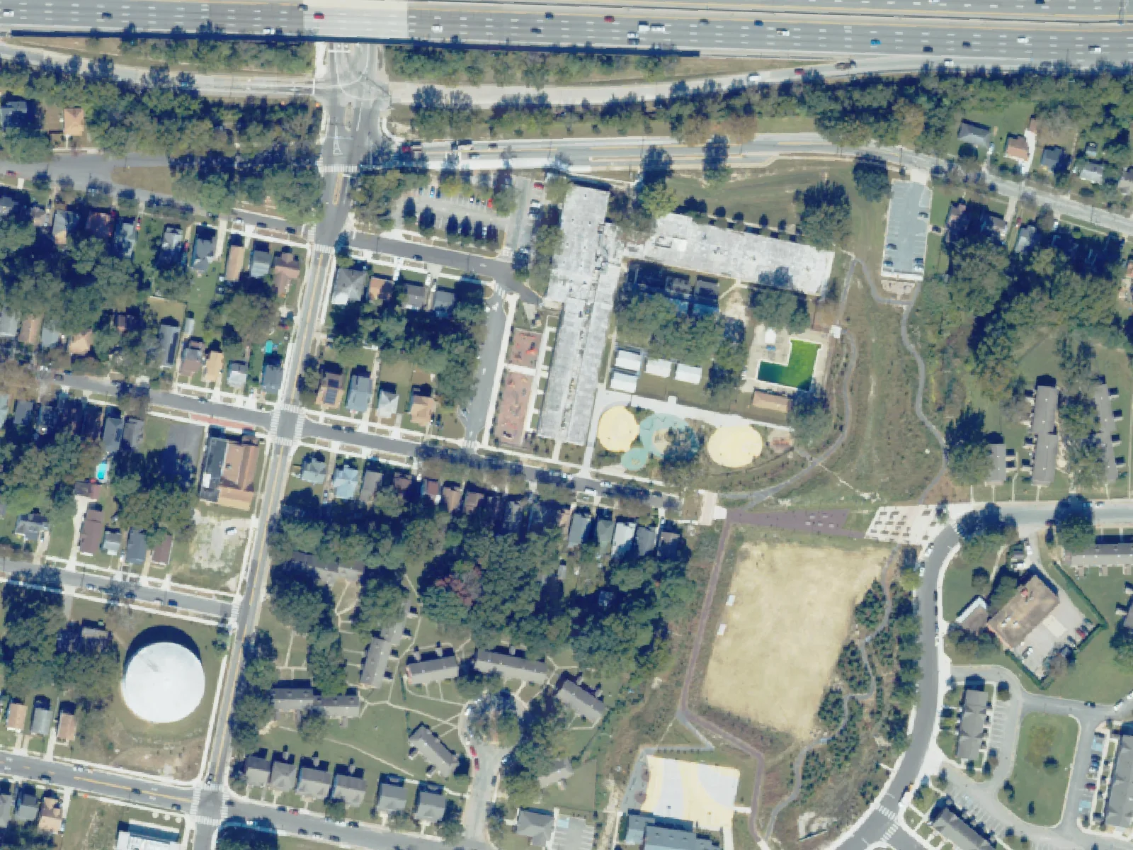 Chesterfield Academy, center, on Westminster Avenue south of Interstate 264 in Norfolk, from the air in October 2023.