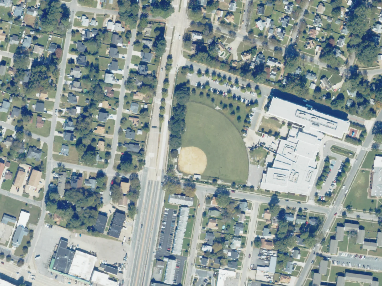 Crossroads School and its grounds, center, from the air in October 2023.