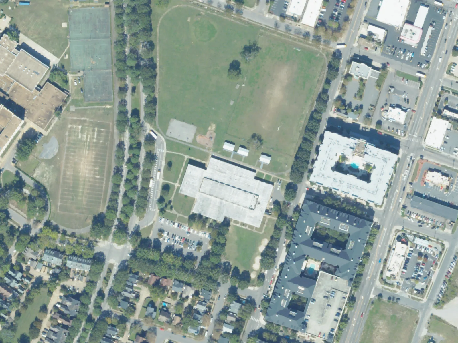 Ghent School, center, with Maury High School at left, on Shirley Avenue in Norfolk, from the air in October 2023.