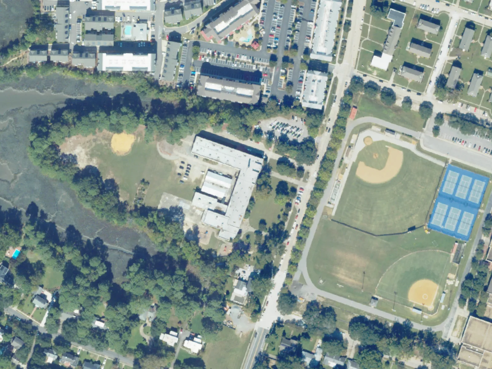 Granby Elementary School and its grounds, center, from the air in October 2023.