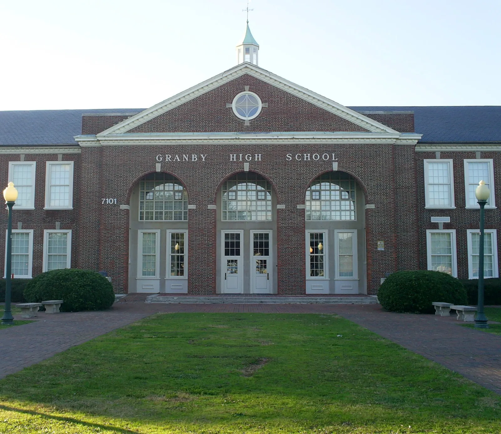 The front entrance of Granby High School on Granby Street in Norfolk.