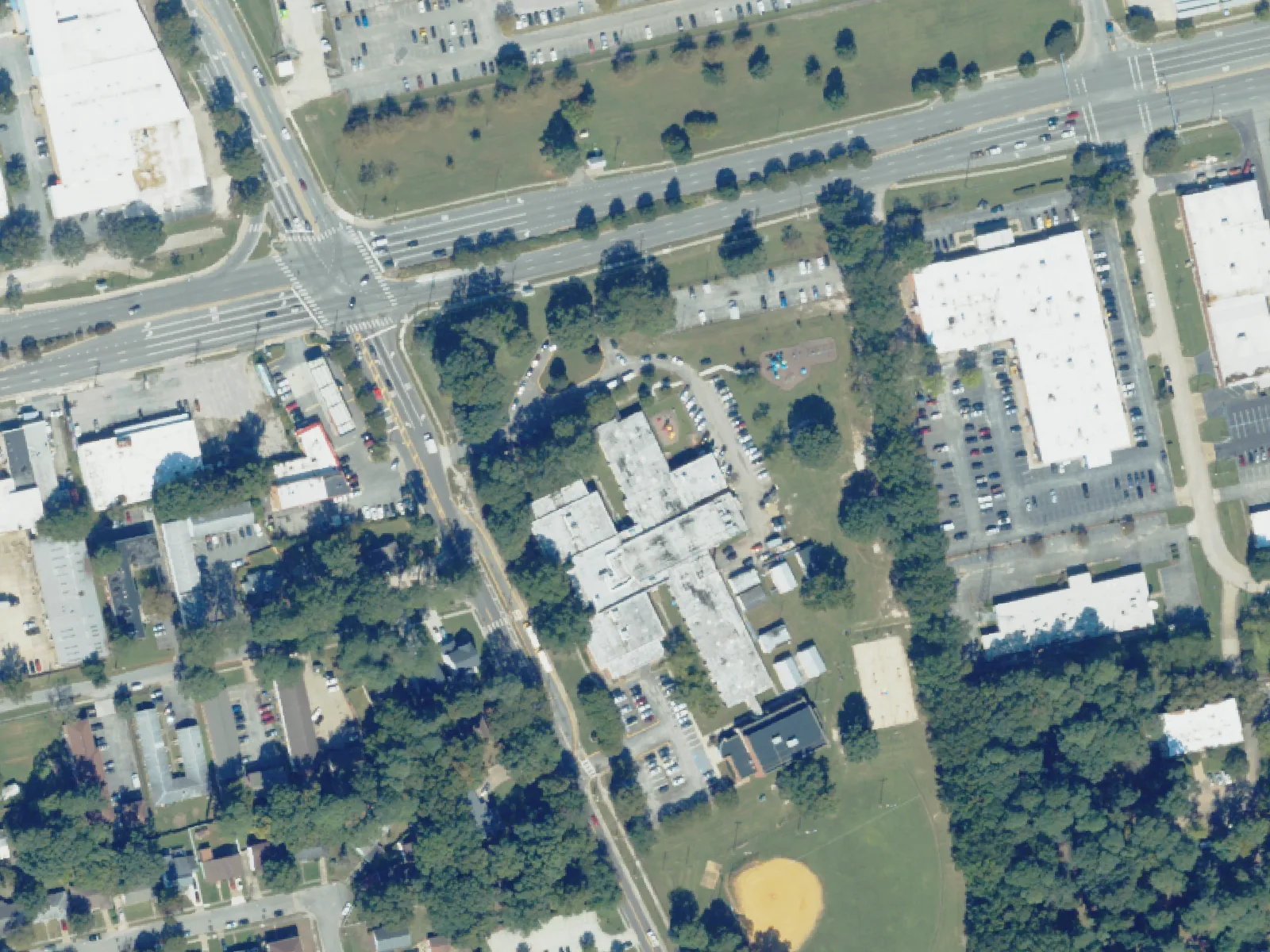 Ingleside Elementary School and its grounds, center, from the air in October 2023.
