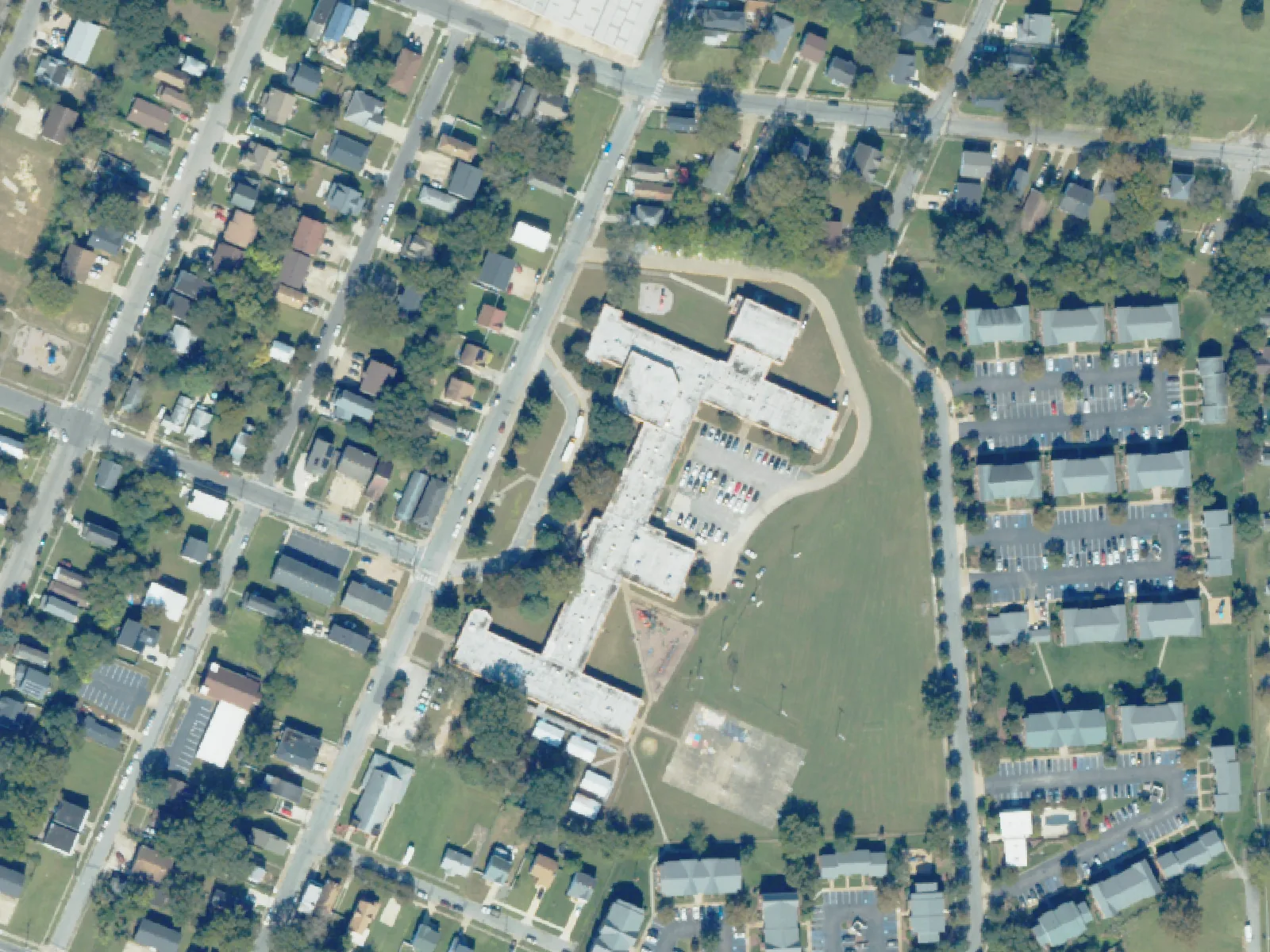 Jacox Elementary School and its grounds, center, from the air in October 2023.