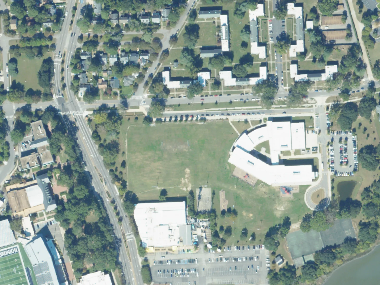 Larchmont Elementary School and its grounds, center, from the air in October 2023.