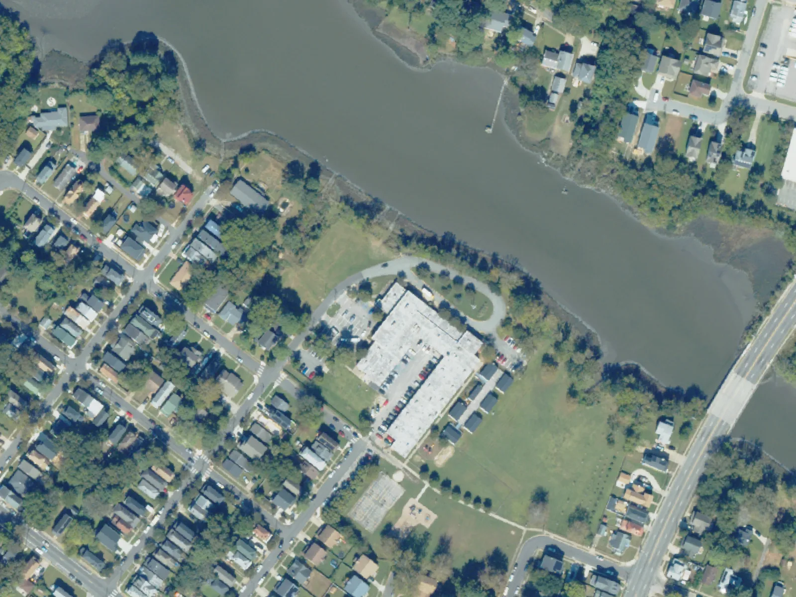 Lindenwood Elementary School, center, beside the water on Ludlow Street in Norfolk, from the air in October 2023.