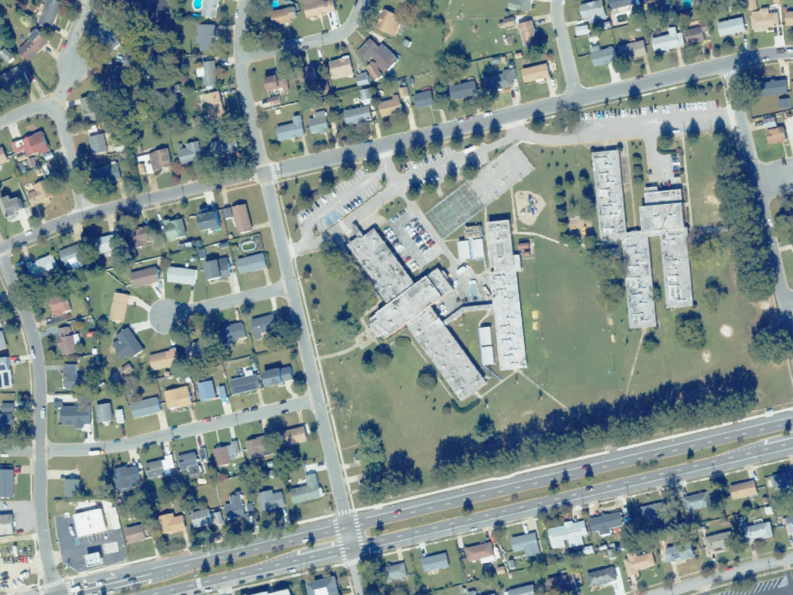 Little Creek Elementary School and its grounds, center, from the air in October 2023.