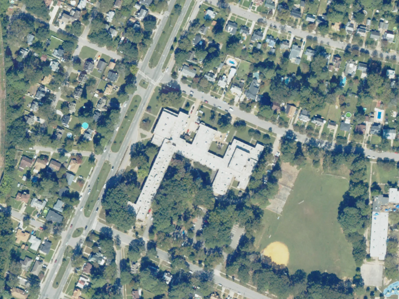 Northside Middle School and its grounds, center, from the air in October 2023.
