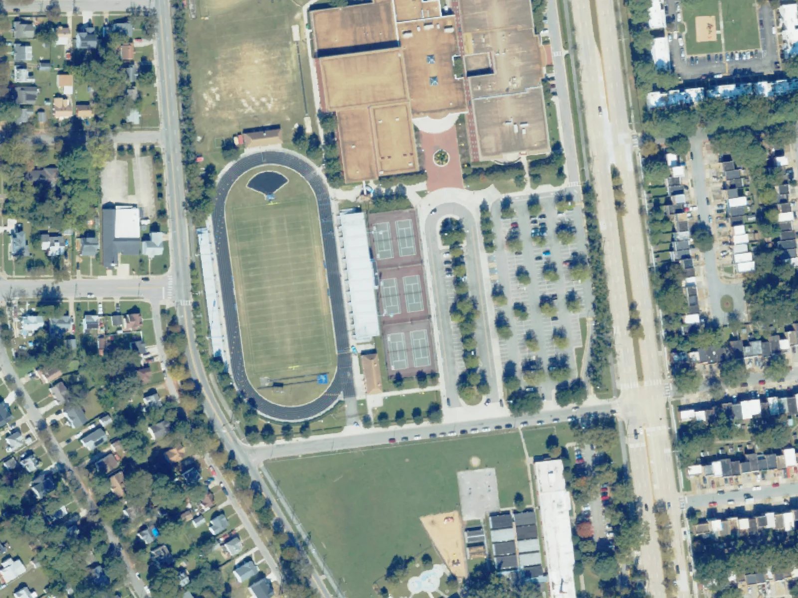 Norview High School's stadium and campus off Chesapeake Boulevard in Norfolk, from the air in October 2023.