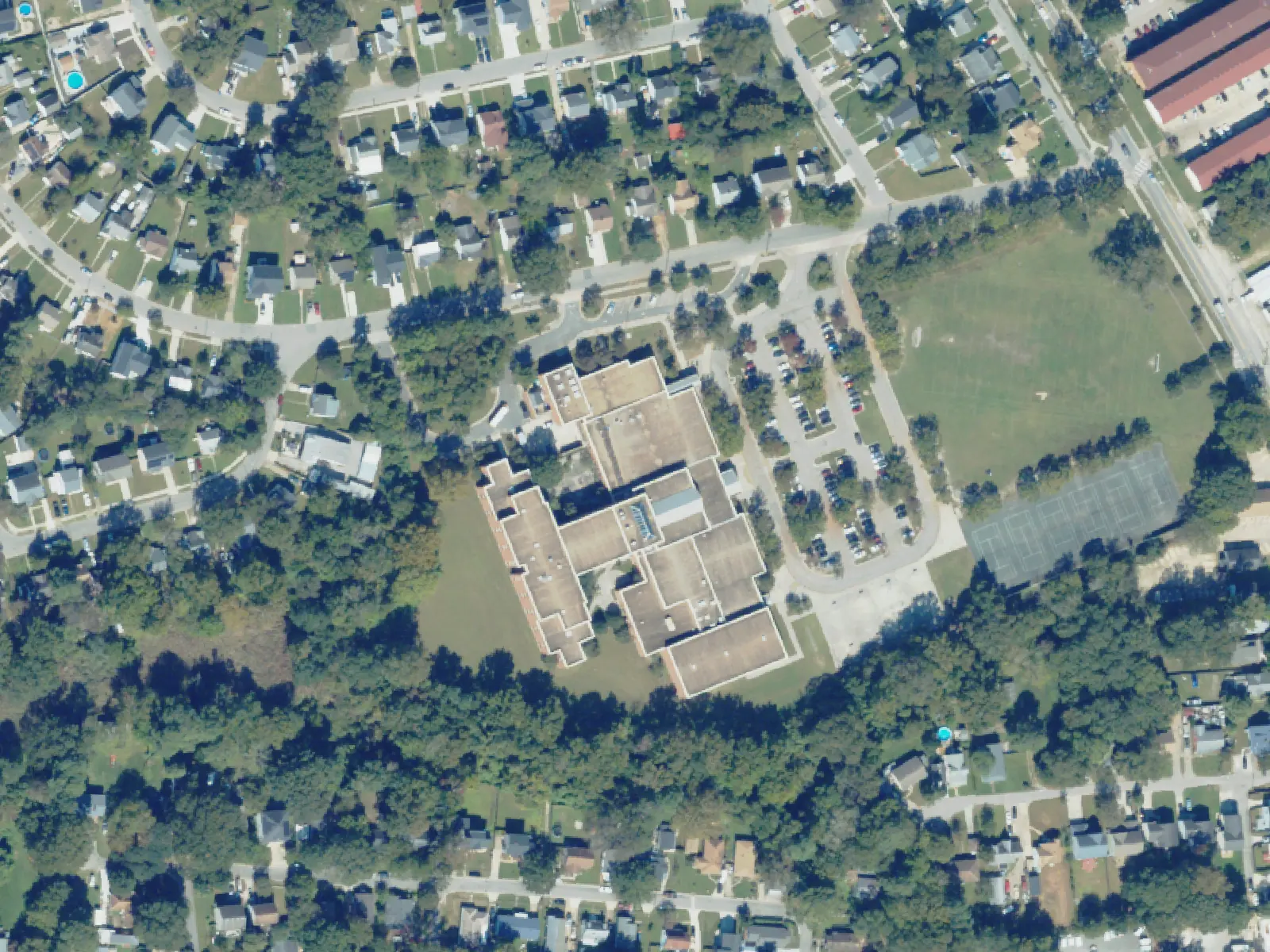 Norview Middle School and its grounds, center, from the air in October 2023.