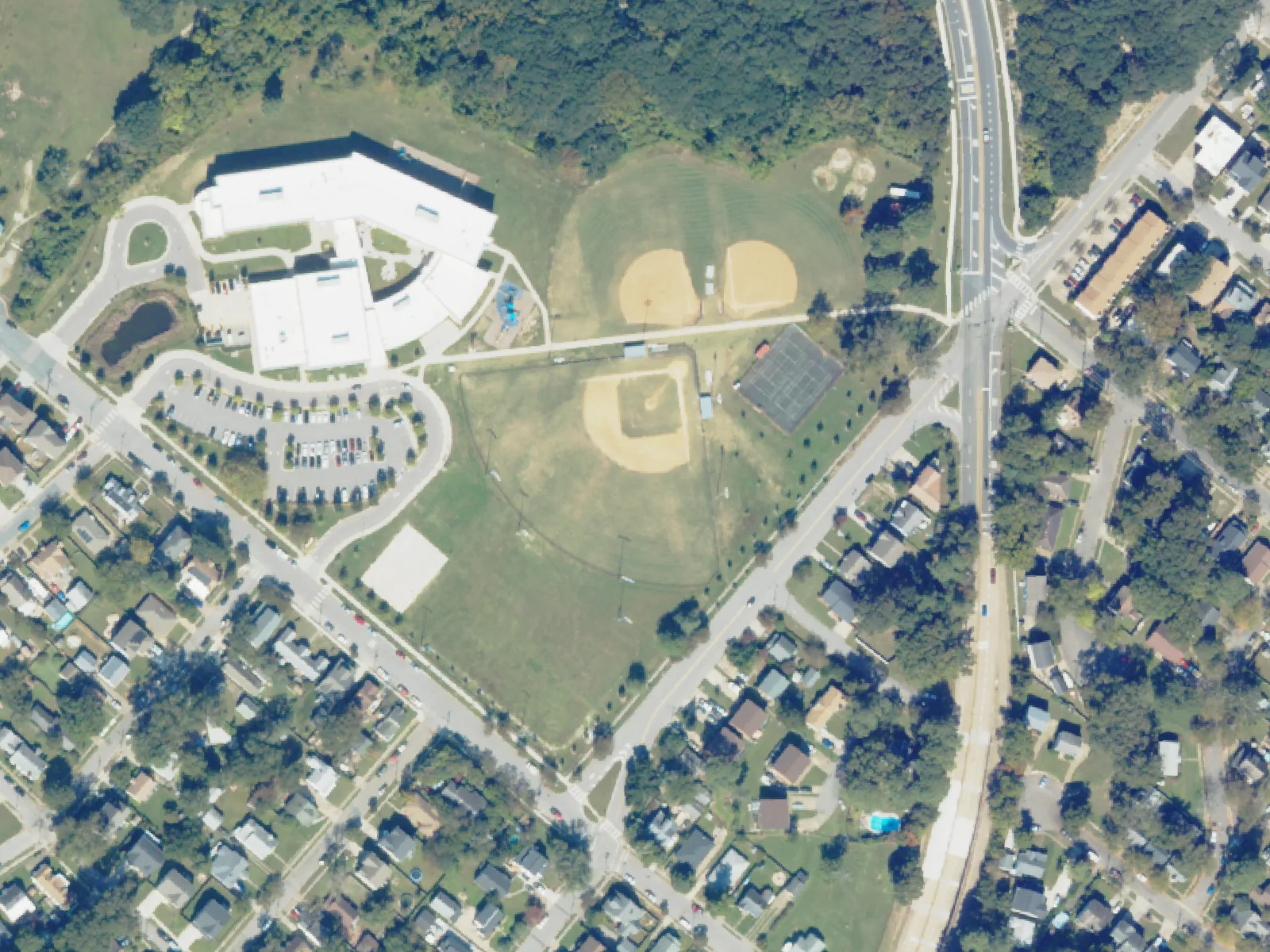 Ocean View Elementary School and its grounds, center, from the air in October 2023.