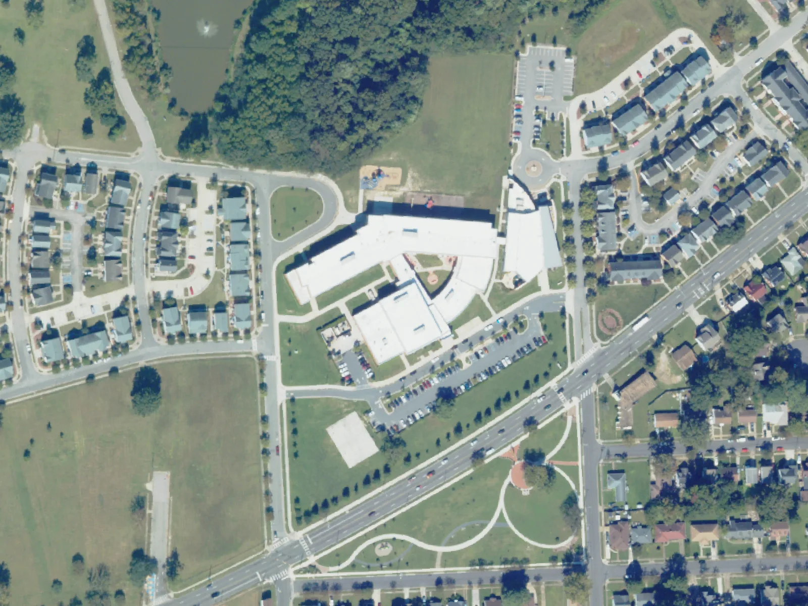 Richard Bowling Elementary School and its grounds, center, from the air in October 2023.