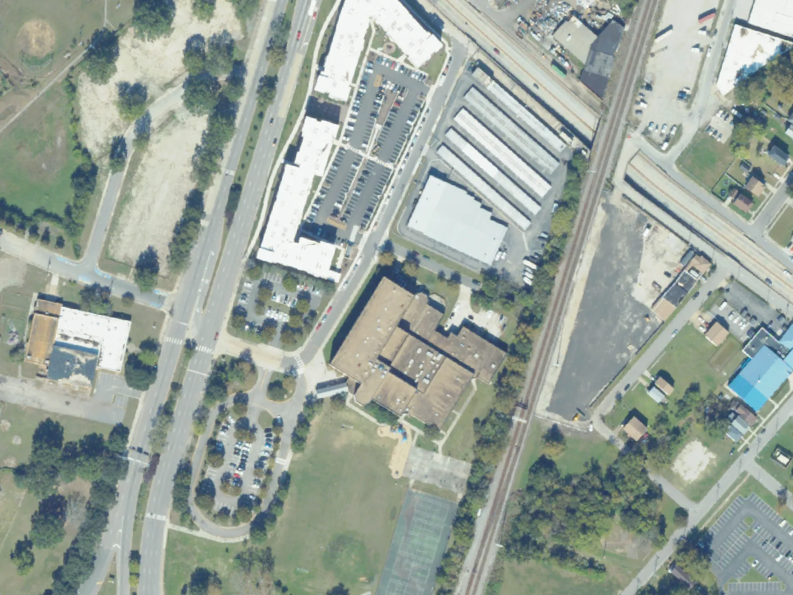 Ruffner School and its grounds, center, from the air in October 2023.
