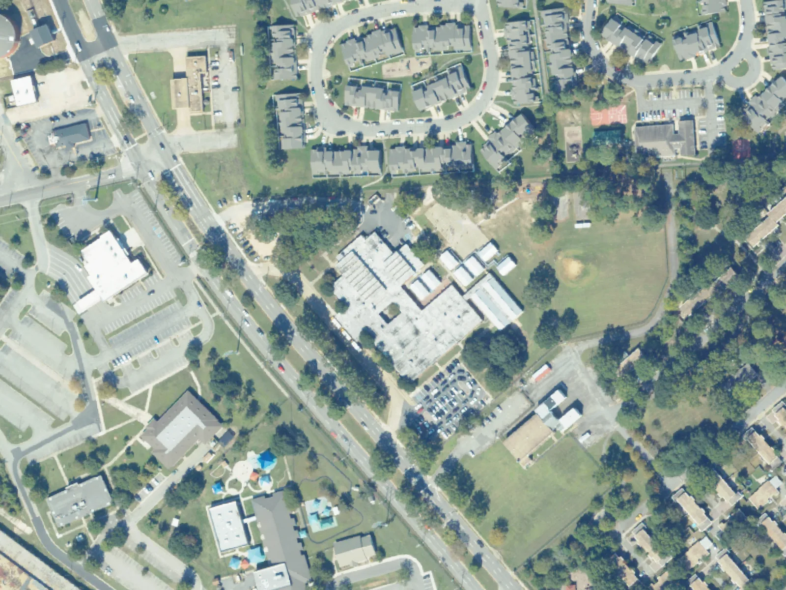 Sewells Point Elementary School and its grounds, center, from the air in October 2023.