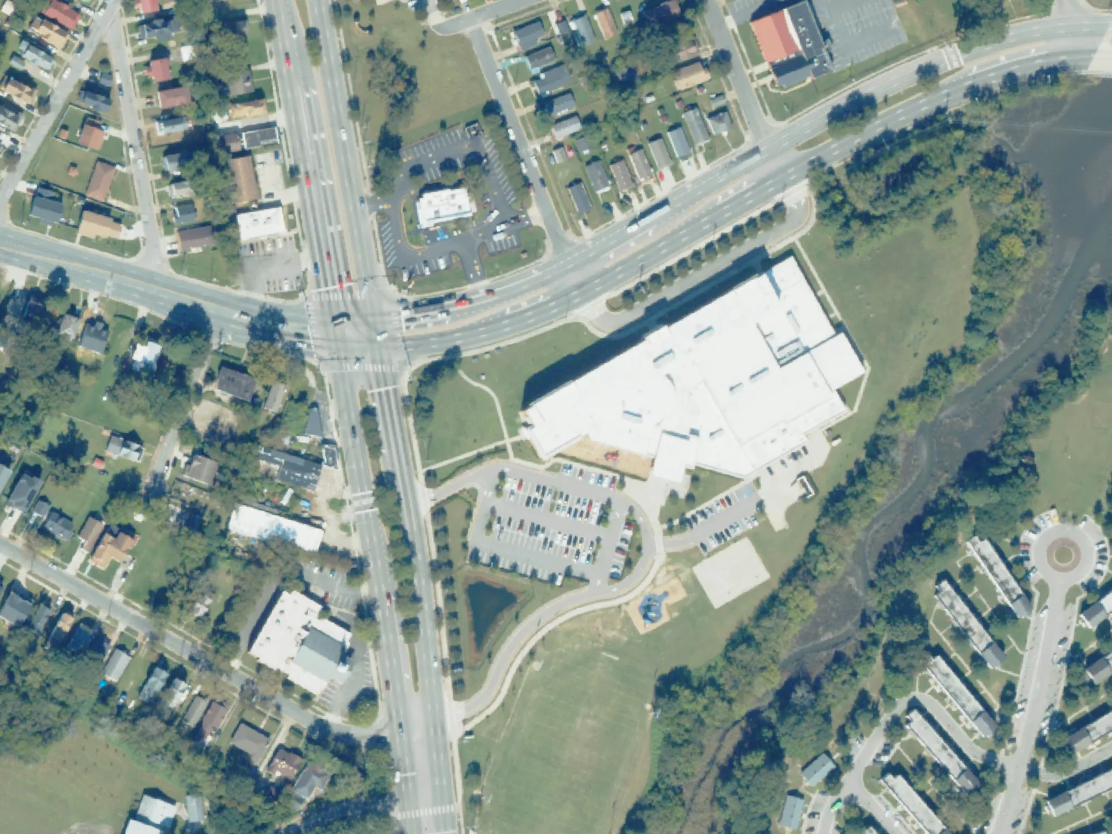 Southside STEM Academy at Campostella and its grounds, center, from the air in October 2023.