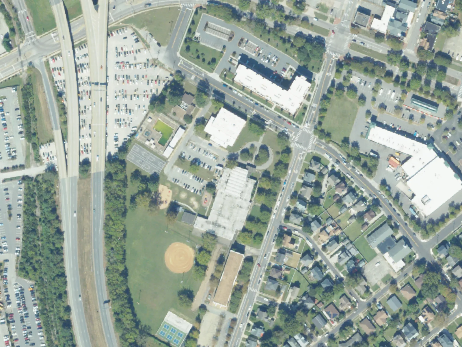 St. Helena Elementary School and its grounds, center, from the air in October 2023.