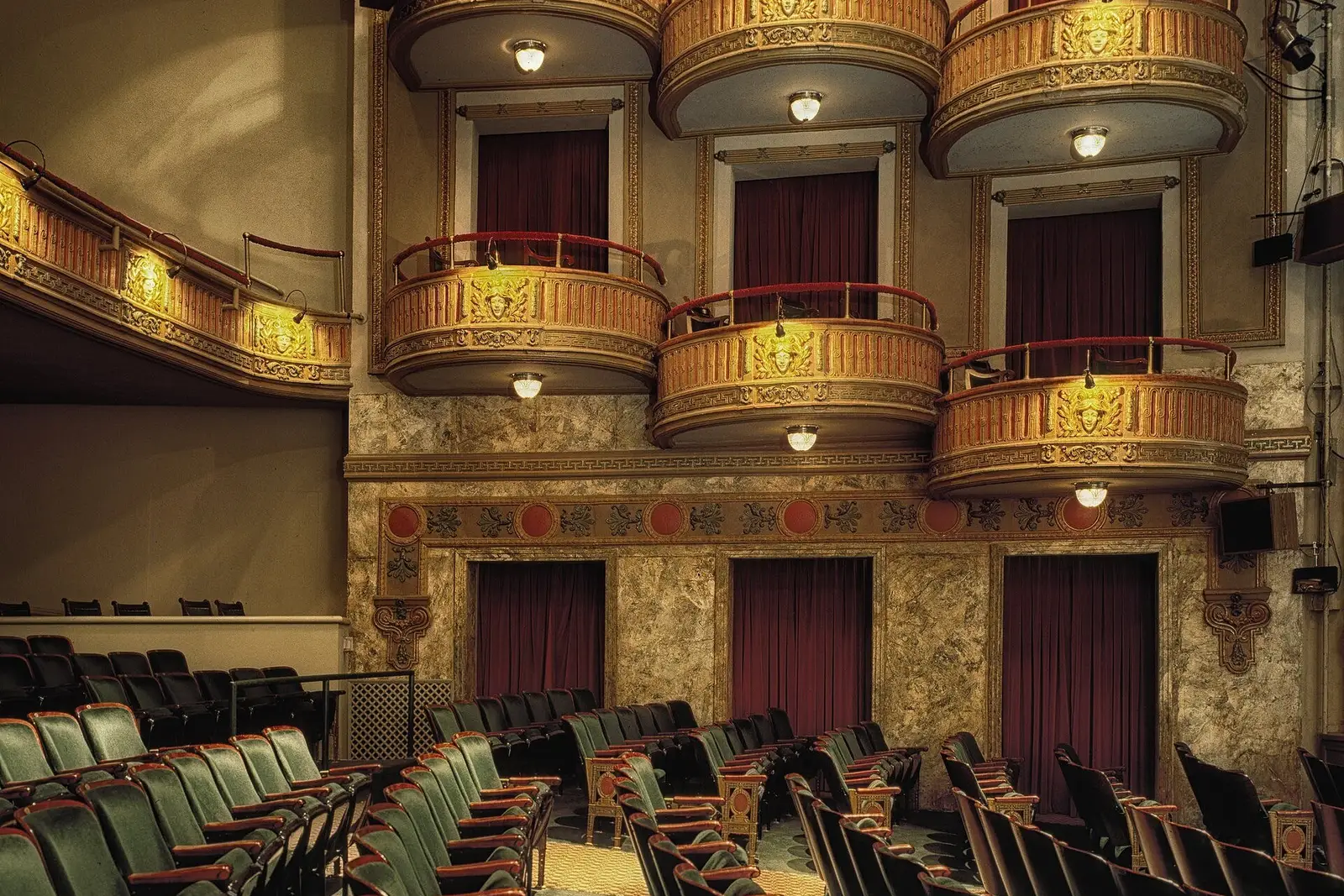 Gilded box seats and balconies inside the 1913 Wells Theatre in downtown Norfolk, home of the Virginia Stage Company.