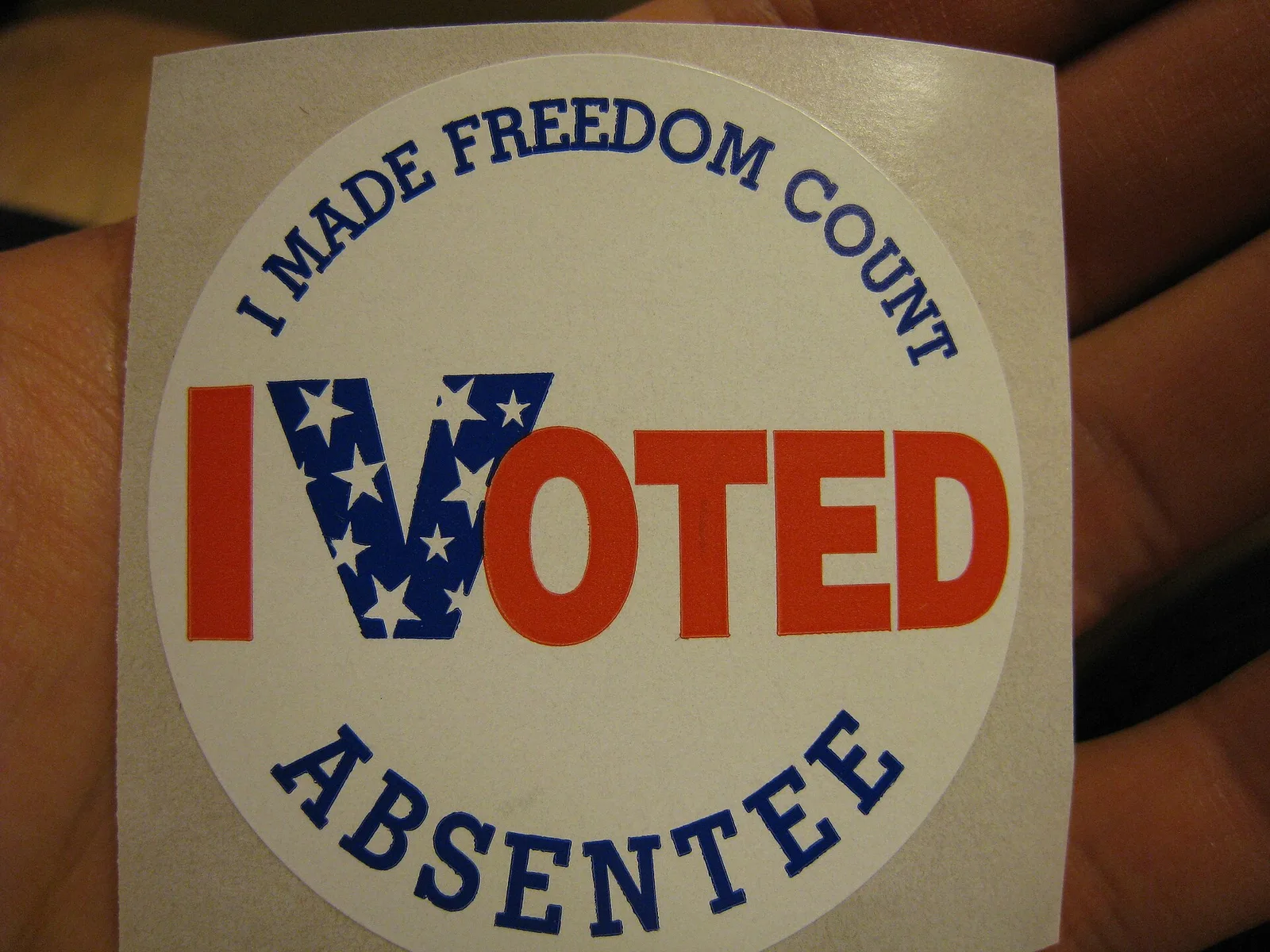 An "I Voted" sticker of the kind handed to voters after they cast an absentee ballot.