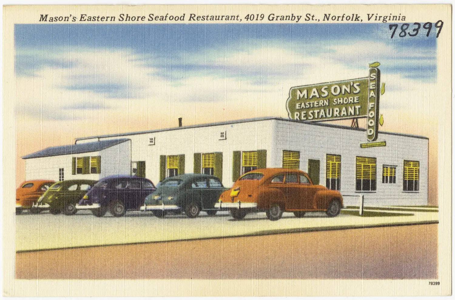 A vintage postcard of Mason's Eastern Shore Seafood Restaurant at 4019 Granby St. in Norfolk. The restaurant is not on our current lists.